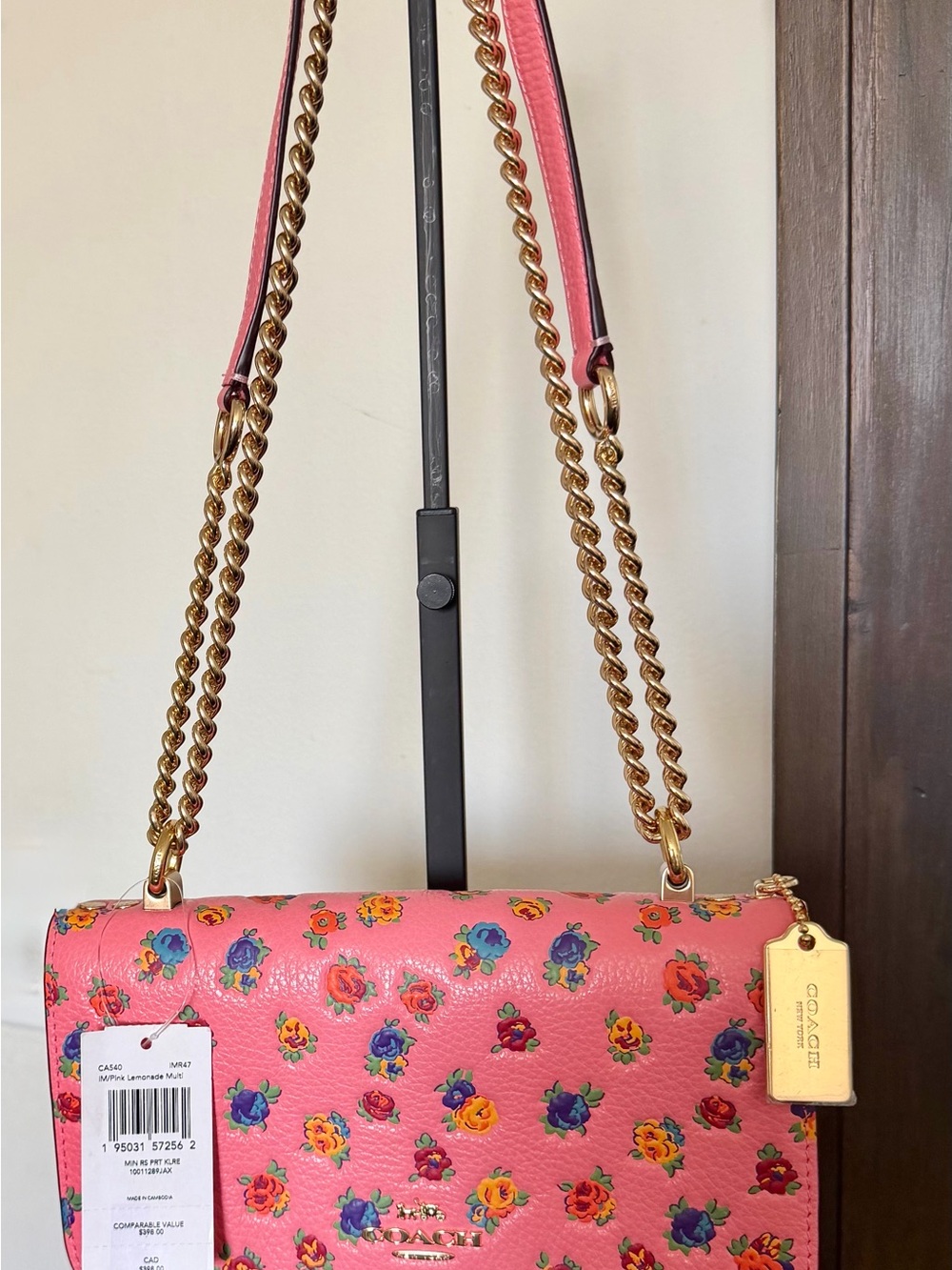 Coach Pink Floral Leather Shoulder Bag with Gold Chain Strap